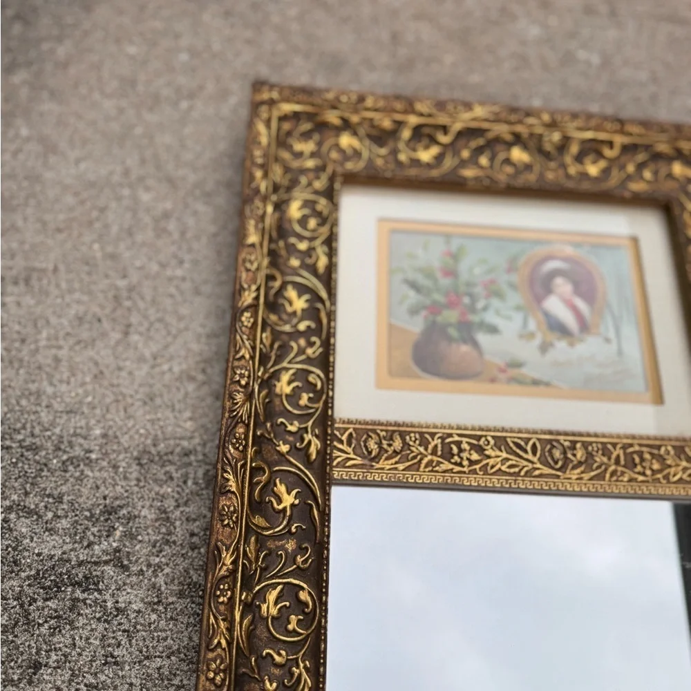 Vintage Estate Gold Framed Wall Mirror with Holiday Advertisement
